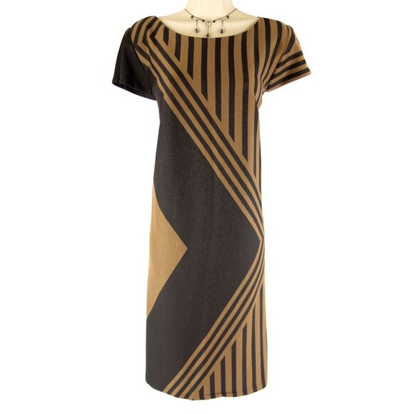 Roz & Ali‎ Brown Black Geometric Print Soft Knit Shift Dress Size 12 Office - Picture 3 of 6